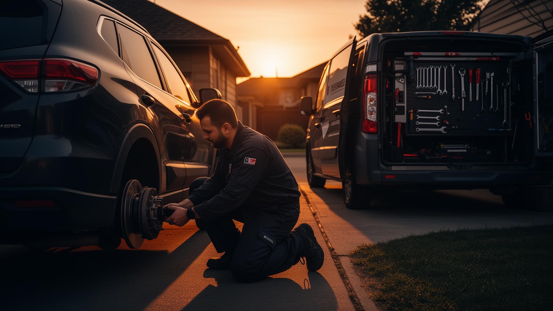 Mobile mechanic working on a vehicle in a driveway at sunset